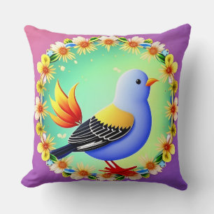 Coussin Oiseau coloré entouré d'une couronne de fleurs
