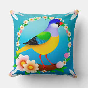 Coussin Oiseau coloré sur une branche encadré de fleurs
