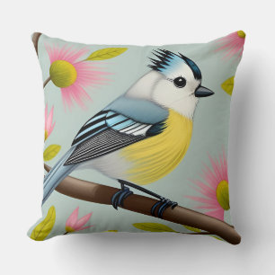 Coussin Oiseau coloré sur une branche encadré de fleurs