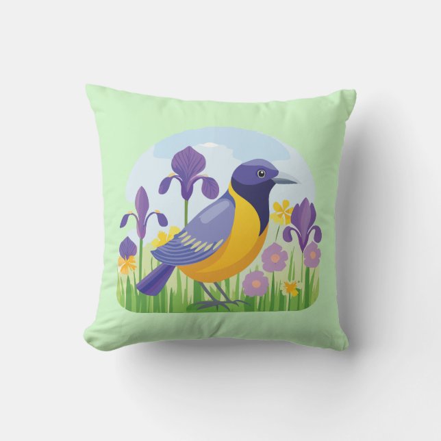 Coussin Oiseau cool en Fleurs d'Iris (Recto)