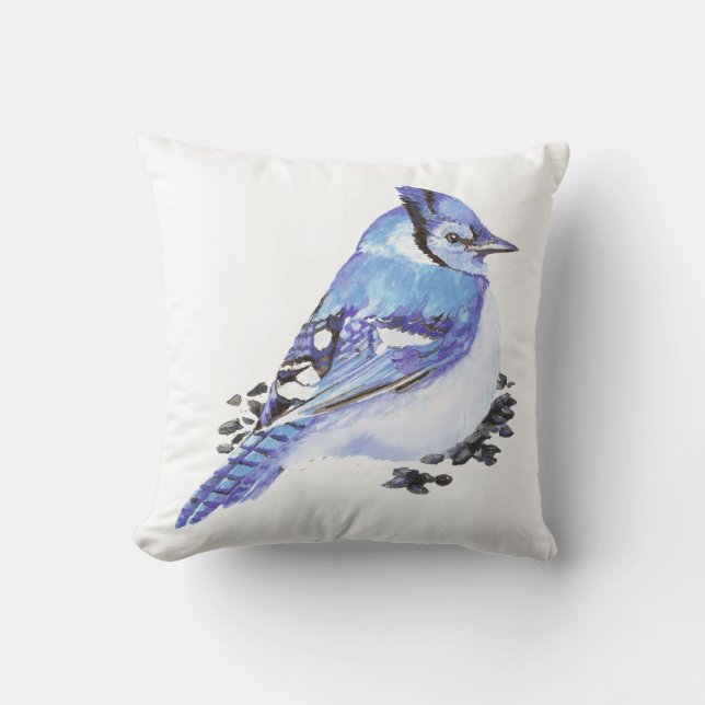 Coussin Oiseau de Jay Bleu, Aquarelle Nature, Faune (Recto)