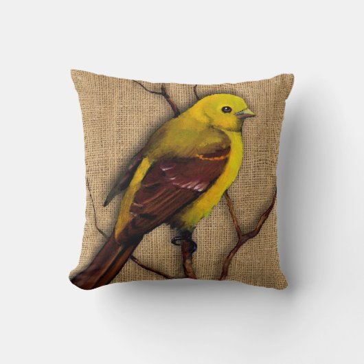 Coussin Oiseau de Tanager jaune sur Burlap, Branches, oeuv (Recto)