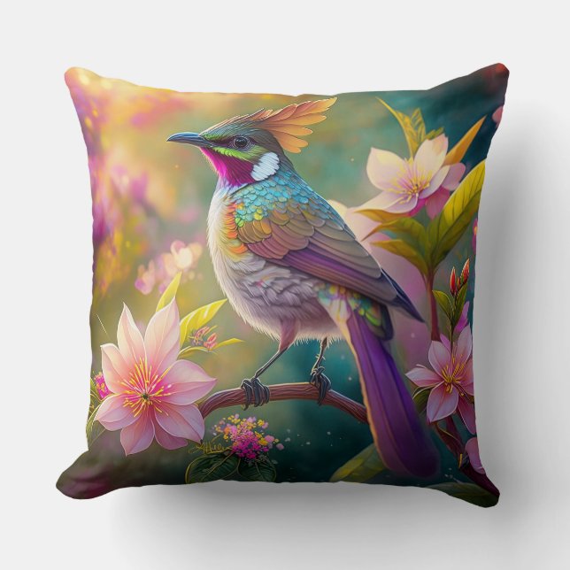 Coussin Oiseau d'Imaginaire à arc-en-ciel orangé (Recto)