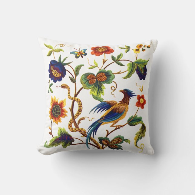 Coussin Oiseau du Paradis Faux Broderie Jacobéenne (Recto)