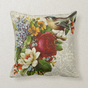 Coussin Oiseau Et Fleurs Oreille À Lancer En Coton 16" x 1