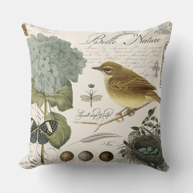 Coussin oiseau et nid français vintages modernes (Recto)