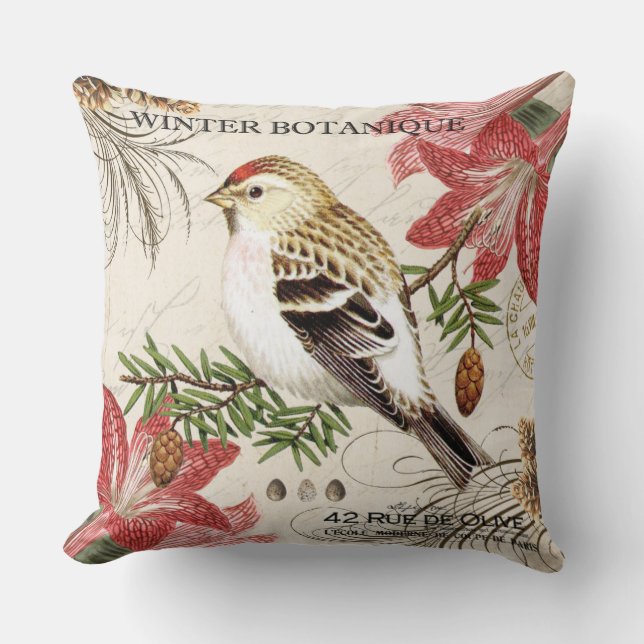 Coussin oiseau français vintage moderne d'hiver (Recto)