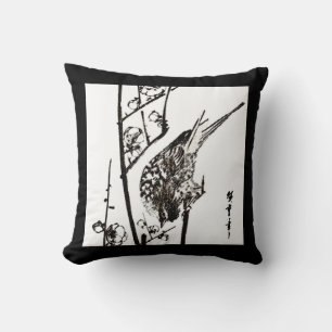 Coussin Oiseau japonais sur une branche - noir et blanc