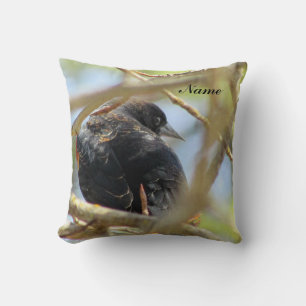Coussin Oiseau noir ailé rouge
