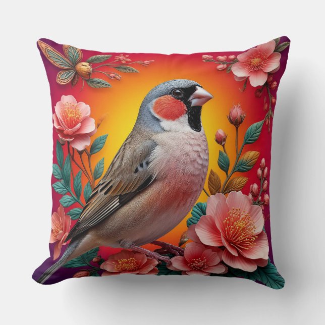 Coussin Oiseau perché parmi des fleurs colorées (Recto)