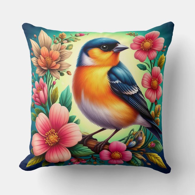 Coussin Oiseau perché parmi les fleurs colorées (Recto)