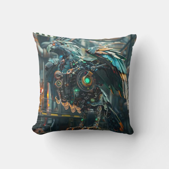 Coussin Oiseau phénix mécanique bleu (Recto)