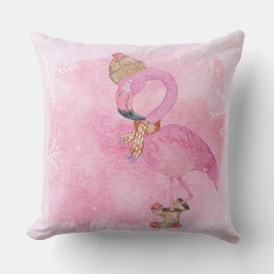 Coussin Oiseau rose mignon de Flamant rose d'hiver de Noël