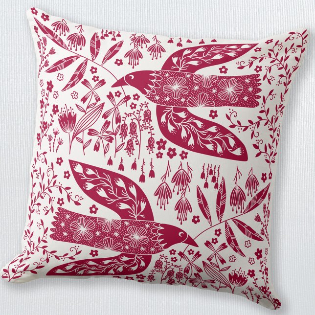 Coussin Oiseau rouge (Red and white peace dove bird folk art style throw pillow)