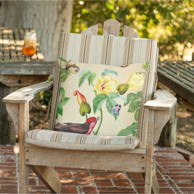Coussin Oiseau rouge élégant et fleurs (Chaise)