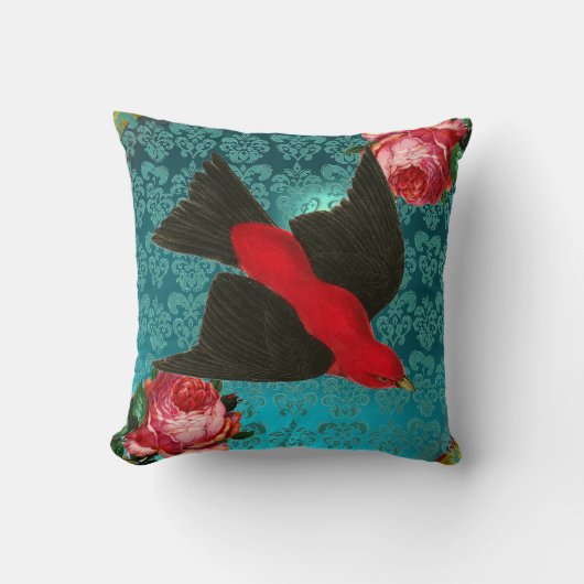 COUSSIN OISEAU ROUGE NOIR, ROSES ROSES ROSES ROSES AQUA BL (Recto)