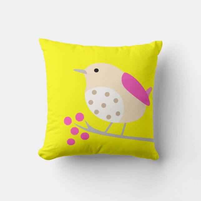 Coussin Oiseau sur la branche et les fleurs - jaune (Recto)