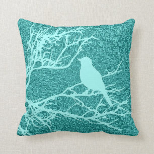 Coussin Oiseau sur une branche, Aqua contre la turquoise