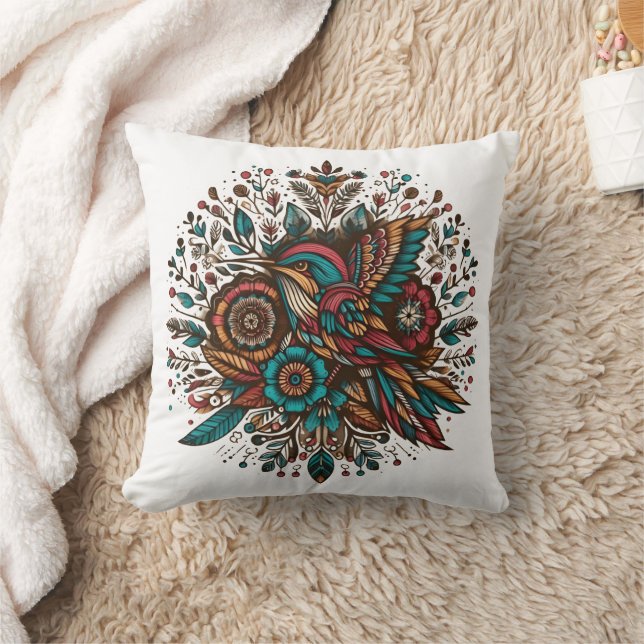 Coussin Oiseau vibre et design floral aux couleurs riches (Couverture)
