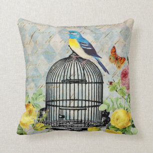 Coussin Oiseau vintage et carreau de roses