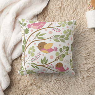 Coussin Oiseaux aquarelle mignons et fleurs roses