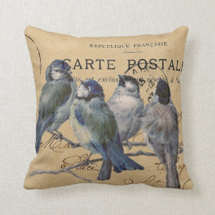 Coussin oiseaux bleus, carte postale française, shabby ch