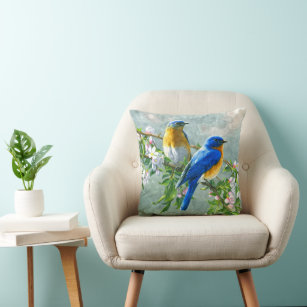 Coussin Oiseaux bleus jaunes Cerisier Fleur Arbre Peinture