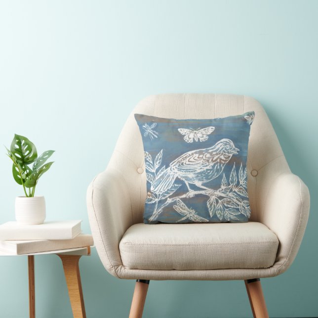 Coussin Oiseaux bleus rustiques Insectes Nature Bois vinta (Chaise)