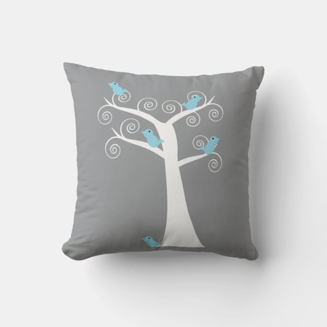 Coussin Oiseaux bleus sur arbre blanc fond gris nature  (Recto)