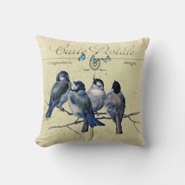 Coussin oiseaux bleus sur une carte postale vintage (Recto)