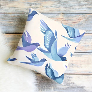Coussin Oiseaux bleus volants Aquarelle moderne