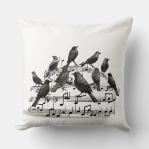 Coussin Oiseaux chanteurs 3D sur une portée tourbillonnant