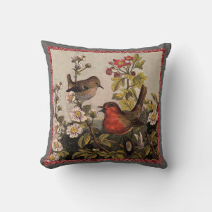 Coussin Oiseaux chanteurs Robin printanier vintage Botaniq