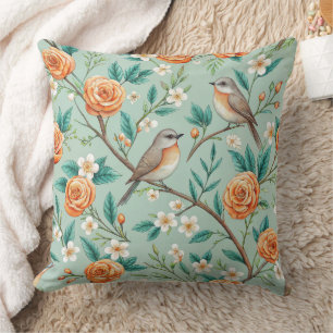 Coussin Oiseaux chanteurs vibrants Fleurs oranges Feuilles