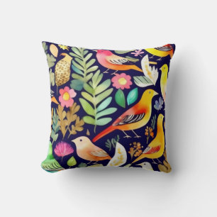 Coussin Oiseaux colorés motifs floraux décor bleu