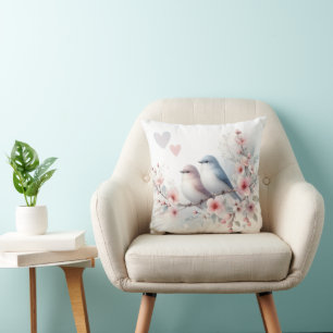 Coussin Oiseaux d'amour romantiques Branche de fleurs de c
