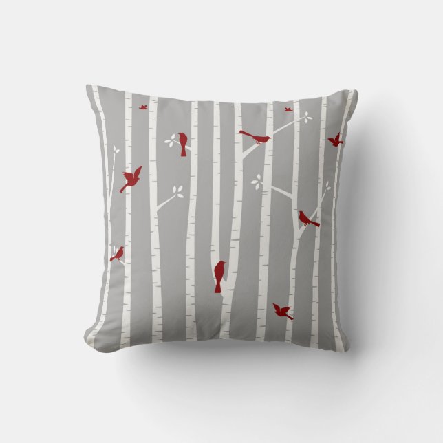 Coussin Oiseaux dans le gris blanc rouge d'arbres de (Recto)