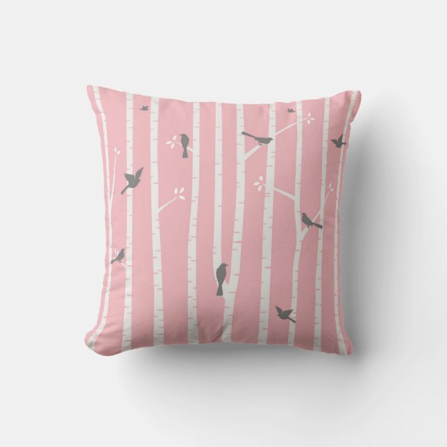 Coussin Oiseaux dans le rose de blanc gris d'arbres de (Recto)