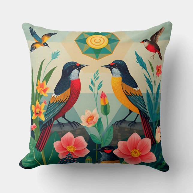 Coussin Oiseaux dans une scène de nature, art faunique mod (Recto)