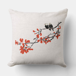 Coussin Oiseaux d'aquarelle rustiques sur la branche d'arb