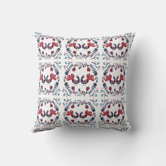 Coussin Oiseaux d'art populaire scandinave Rouge Bleu MONO (Verso)