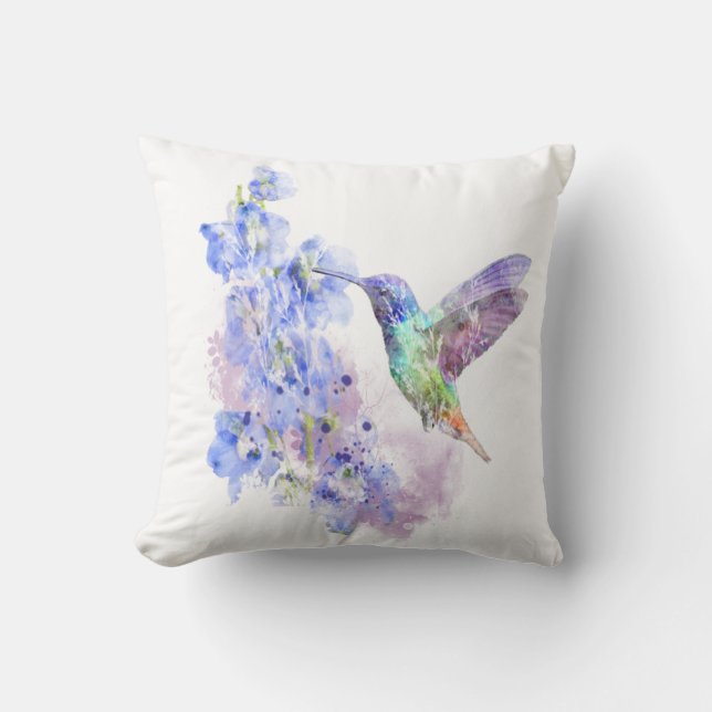 Coussin Oiseaux de colibri et fleurs de Delphinium bleu (Recto)