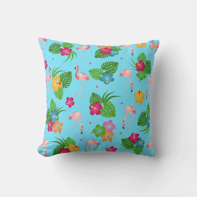 Coussin Oiseaux de Flamant rose avec des fleurs de ketmie (Recto)
