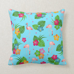 Coussin Oiseaux de Flamant rose avec des fleurs de ketmie