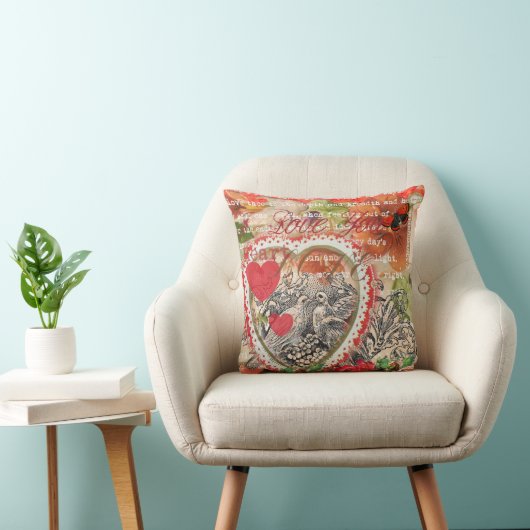 Coussin Oiseaux de l'amour Cœur Rouge Collage d'art (Chaise)