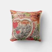 Coussin Oiseaux de l'amour Cœur Rouge Collage d'art (Recto)