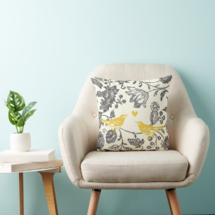 Coussin Oiseaux de l'amour floraux vintage gris jaune et i