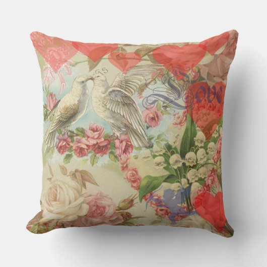 Coussin Oiseaux de l'amour Vintage Antique Cœur (Recto)