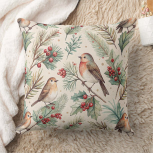 Coussin Oiseaux de Noël vintage - Houx et Rouge-gorge