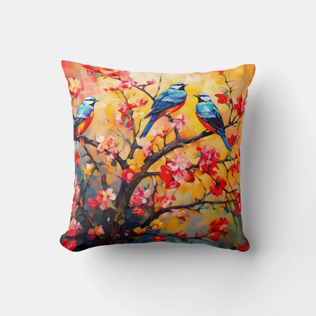 Coussin Oiseaux de printemps colorés en fleurs (Recto)